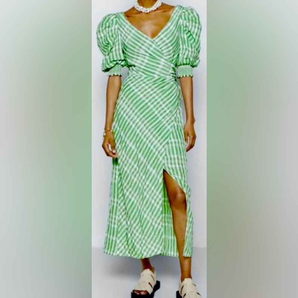 Cinq à Sept Gia Kacey Maxi Dress Faux Wrap Low Cut in green & white size 12
